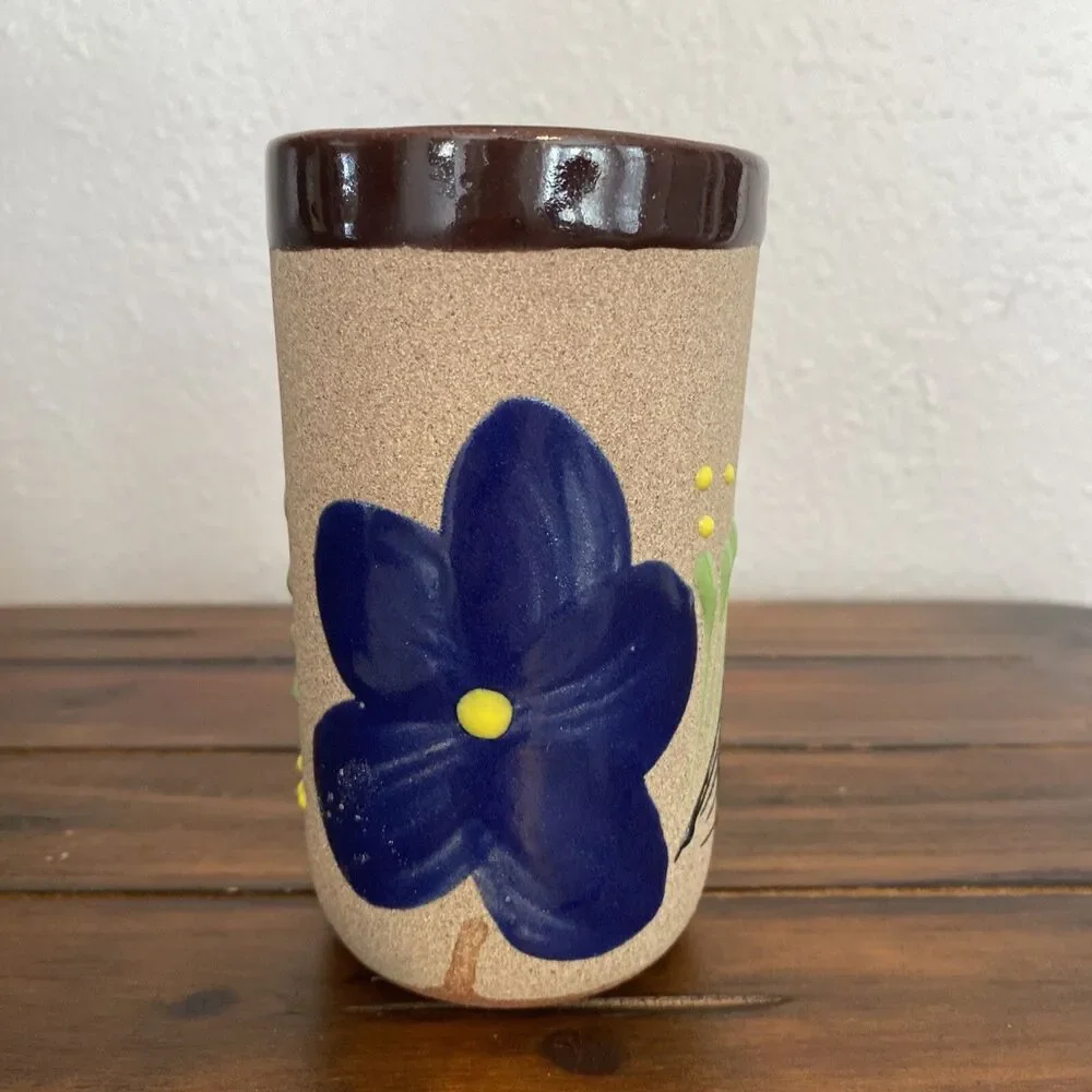Vintage Mexican Art Pottery Stoneware Vase Hand Painted Floral Flowers 5”